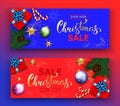 Christmas sale vector banner set with sale discount hand lettering text and colorful christmas elements in red and blue Royalty Free Stock Photo