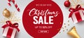 Christmas sale vector design. Christmas sale text best holiday offer up to 50% off promo discount and xmas element like gifts.