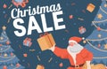 Christmas sale vector flat banner design with text. Santa Claus holding gift box. Seasonal sale poster template.