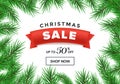 Christmas sale vector homepage template. Red ribbon with 50 percent discount in realistic fir tree branches frame. New Royalty Free Stock Photo