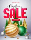 Christmas sale vector poster design. Christmas sale 3d text with special offer business promotion for xmas holiday seasonal. Royalty Free Stock Photo