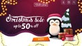 Christmas sale, white and purple discount banner with garland, wavy line, orange button and penguin in Santa Claus hat Royalty Free Stock Photo
