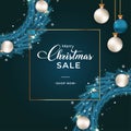 Christmas sales banner with blue wreath. Sales banner with wreath, white balls, blue balls. Christmas wreath on dark background. Royalty Free Stock Photo