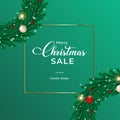 Christmas sales banner with green wreath. Sales banner with wreath, white balls, red balls. Christmas wreath on a green background Royalty Free Stock Photo