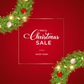Christmas sales banner with green wreath. Sales banner with wreath, white balls, red balls. Christmas wreath on a red background. Royalty Free Stock Photo