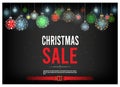 Christmas sales banners with shining snow star and colorful balls on black background. For posters, banners, sales. Royalty Free Stock Photo