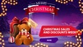Christmas sales and discount week, horizontal discount banner with garland, present with Teddy bear and winter landscape