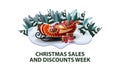 Christmas sales and discount week, modern discount banner with pines, drifts, mountain, city on horizont and Santa Sleigh