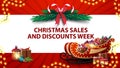 Christmas sales and discount week, red banner with horizontal white stripe, Christmas tree wreath, vintage lantern.