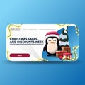 Christmas sales and discount week, white modern Christmas discount banners with rounded corners, garland and penguin.