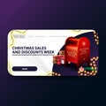Christmas sales and discount week, white modern Christmas discount banners with rounded corners, garland and Santa letterbox
