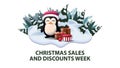 Christmas sales and discounts week, modern discount banner with pines, drifts, mountain, city on horizont and penguin.