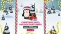 Christmas sales and discounts week, up to 70% off, beautiful discount banner with penguin in Santa Claus hat with presents.