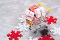 Christmas sales. Happy New Year. Shopping cart with christmas gifts. Color snowflackes. Christmas shopping.Gifts and shopping time Royalty Free Stock Photo