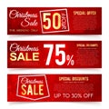 Christmas sales vector banners. Winter and new year holiday discount and offer advertising banner with snowflakes, gift