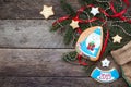 Christmas Santa in blue and New Year star cookies Royalty Free Stock Photo