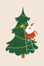 Christmas Santa Claus character. Cute Santa decorating Christmas tree. Vector flat cartoon illustration. Royalty Free Stock Photo