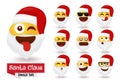 Christmas santa claus emoji characters set. Santa smiley character collection like happy, cool and funny wearing red hat for xmas.