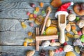 Christmas Santa Claus hat with dried fruits and nuts on wooden background Royalty Free Stock Photo