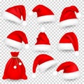 Christmas Santa Claus Hats With Fur Set, Bag, Sack. Xmas, New Year Red Hat With Shadow. Winter Cap. Vector illustration.