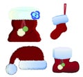 Christmas Santa Claus hats with fur set, bags, sock. New Year Red Hat isolated on a white background Royalty Free Stock Photo