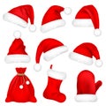 Christmas Santa Claus Hats With Fur Set, Mitten, Bag, Sock. New Year Red Hat Isolated on White Background. Winter Cap Royalty Free Stock Photo