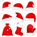 Christmas Santa Claus Hats With Fur Set, Mitten, Bag, Sock. New Year Red Hat Isolated on White Background. Winter Cap Royalty Free Stock Photo