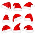 Christmas Santa Claus Hats With Fur Set. New Year Red Hat Isolated on White Background. Winter Cap. Vector illustration. Royalty Free Stock Photo