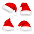 Christmas Santa Claus Hats With Fur Set. New Year Red Hat Isolated on White Background. Winter Cap. Vector illustration. Royalty Free Stock Photo