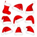 Christmas Santa Claus Hats With Fur Set, Sock. New Year Red Hat Isolated on White Background. Winter Cap. Vector Royalty Free Stock Photo