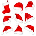 Christmas Santa Claus Hats With Fur Set, Sock. New Year Red Hat Isolated on White Background. Winter Cap. Vector