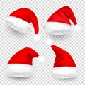 Christmas Santa Claus Hats With Fur and Shadow Set. New Year Red Hat Isolated on Transparent Background. Winter Cap Royalty Free Stock Photo