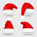 Christmas Santa Claus Hats With Fur and Shadow Set. New Year Red Hat Isolated on Transparent Background. Winter Cap Royalty Free Stock Photo