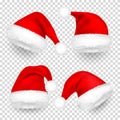 Christmas Santa Claus Hats With Fur and Shadow Set. New Year Red Hat Isolated on Transparent Background. Winter Cap Royalty Free Stock Photo