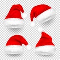 Christmas Santa Claus Hats With Fur and Shadow Set. New Year Red Hat Isolated on Transparent Background. Winter Cap Royalty Free Stock Photo
