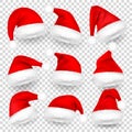 Christmas Santa Claus Hats With Fur and Shadow Set. New Year Red Hat Isolated on Transparent Background. Winter Cap Royalty Free Stock Photo