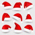 Christmas Santa Claus Hats With Fur and Shadow Set. New Year Red Hat Isolated on Transparent Background. Winter Cap Royalty Free Stock Photo