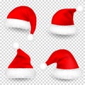 Christmas Santa Claus Hats With Fur and Shadow Set. New Year Red Hat Isolated on Transparent Background. Winter Cap Royalty Free Stock Photo