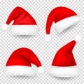 Christmas Santa Claus Hats With Fur and Shadow Set. New Year Red Hat Isolated on Transparent Background. Winter Cap Royalty Free Stock Photo