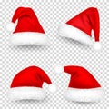 Christmas Santa Claus Hats With Fur and Shadow Set. New Year Red Hat Isolated on Transparent Background. Winter Cap Royalty Free Stock Photo