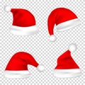 Christmas Santa Claus Hats Set. New Year Red Hat Isolated on Transparent Background. Vector illustration. Royalty Free Stock Photo