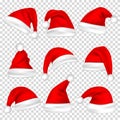 Christmas Santa Claus Hats Set. New Year Red Hat Isolated on Transparent Background. Vector illustration. Royalty Free Stock Photo