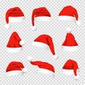 Christmas Santa Claus Hats Set. New Year Red Hat Isolated on Transparent Background Royalty Free Stock Photo