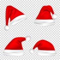 Christmas Santa Claus Hats Set. New Year Red Hat Isolated on Transparent Background. Vector illustration. Royalty Free Stock Photo