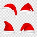 Christmas Santa Claus Hats Set. New Year Red Hat Isolated on Transparent Background. Vector illustration. Royalty Free Stock Photo