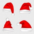 Christmas Santa Claus Hats Set. New Year Red Hat Isolated on Transparent Background. Vector illustration. Royalty Free Stock Photo