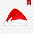 Christmas Santa Claus Hats With Shadow Set. New Year Red Hat Isolated on Transparent Background. Vector illustration. Royalty Free Stock Photo