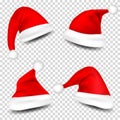 Christmas Santa Claus Hats With Shadow Set. New Year Red Hat Isolated on Transparent Background. Vector illustration. Royalty Free Stock Photo