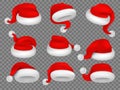 Christmas santa claus hats. Winter xmas holiday headwear. Red plush santa caps realistic vector isolated set Royalty Free Stock Photo