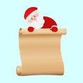 Christmas. Santa Claus holds an empty parchment banner from above, on a light blue background Royalty Free Stock Photo